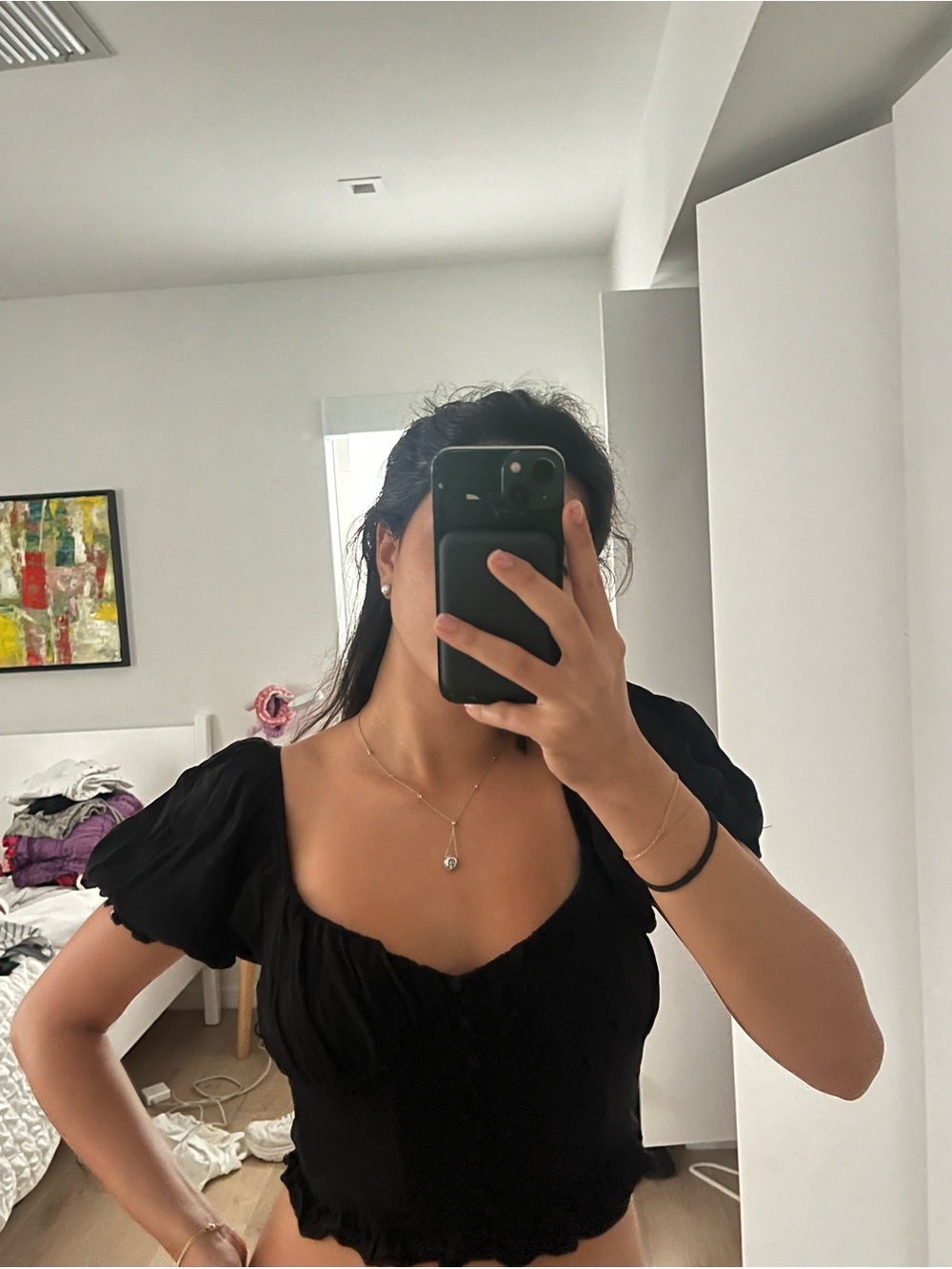 Black Puff Sleeve Corset Crop Top - Women's